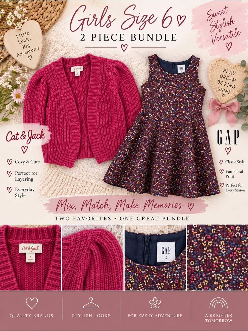 Girls Size 6 Outfit Bundle GapKids Floral Dress Cat & Jack Pink Cardigan